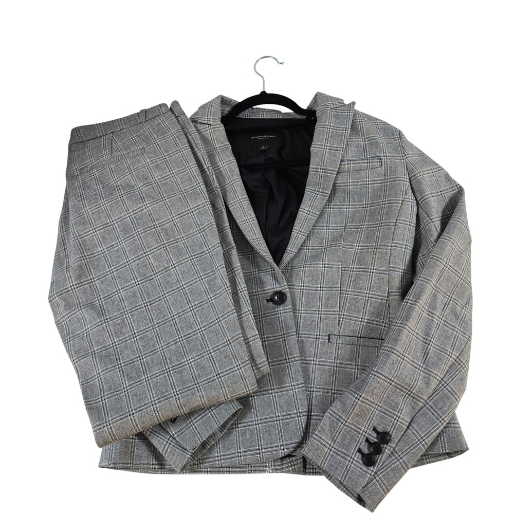 Banana Republic Gray Plaid Suit Set Blazer 4 Sloan Pants 6 Office Professional